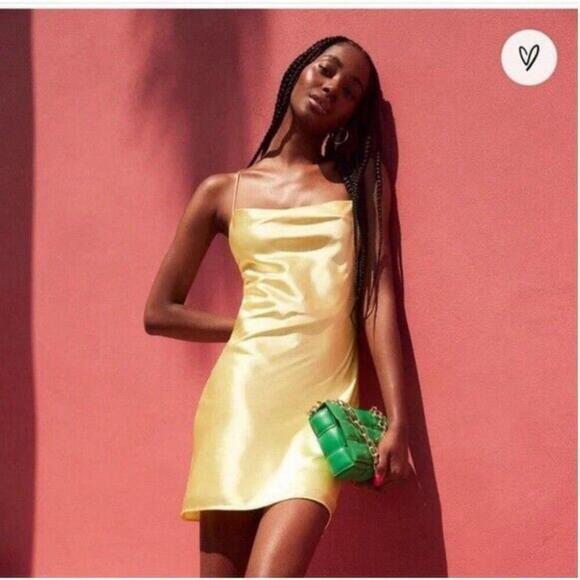 Lulus Dresses & Skirts - Lulu's NWT Yellow Satin Cowl Lace up Slip Dress Size Large